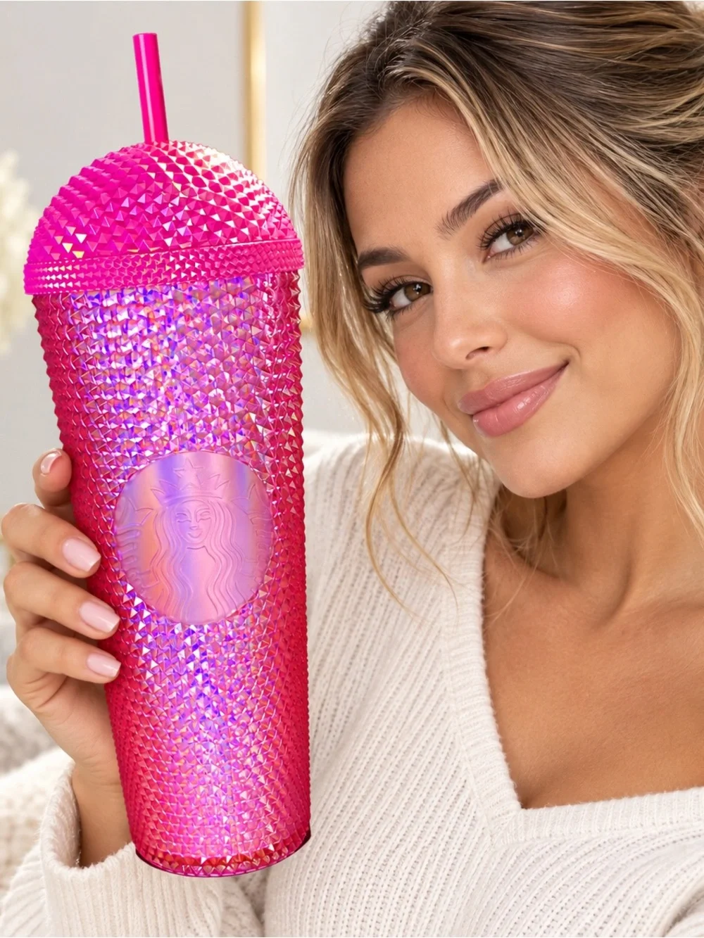 Starbucks Hot Pink Iridescent Studded Cold Cup Tumbler 24 oz w/ Straw